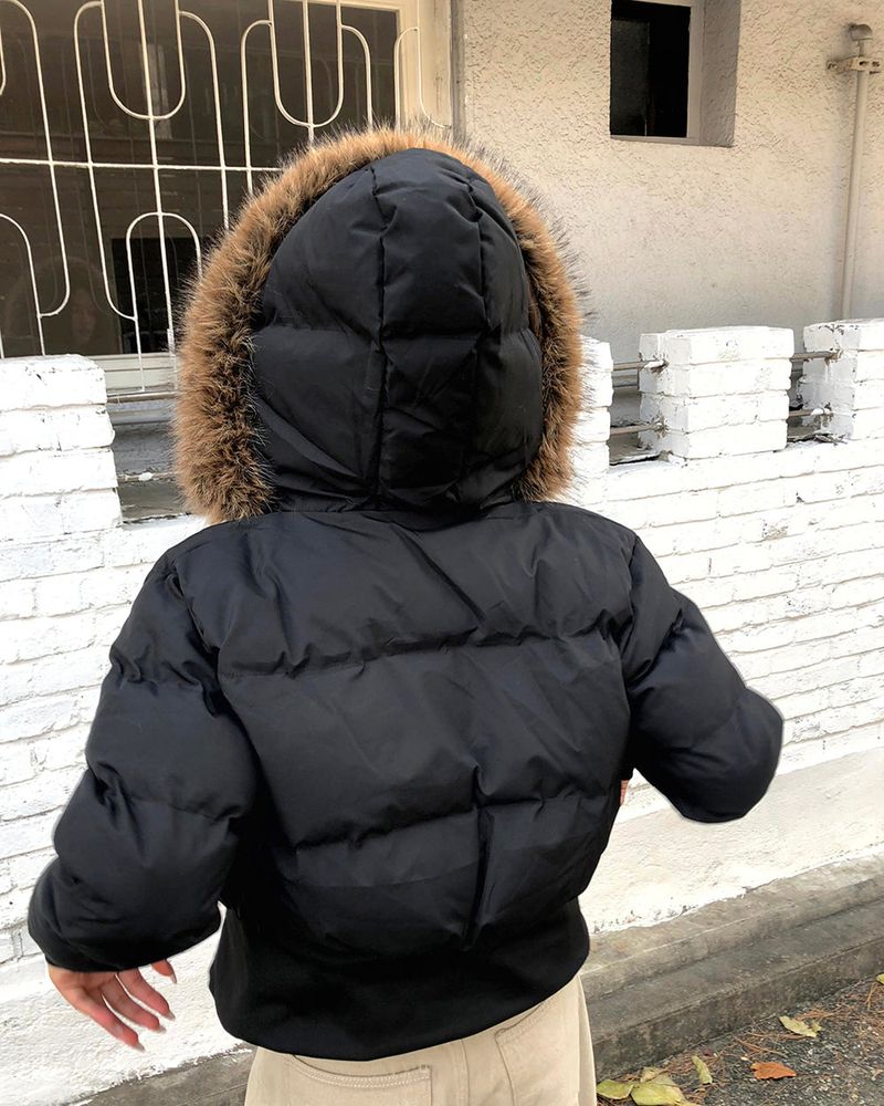 Eru Ribbed-hem Fur Hooded Short Padding Jacket