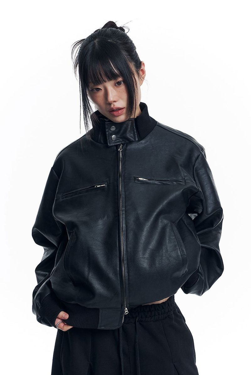 High Neck Leather Crop Jacket - Black