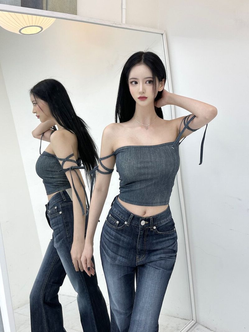 802. Denim free strap top (3color)