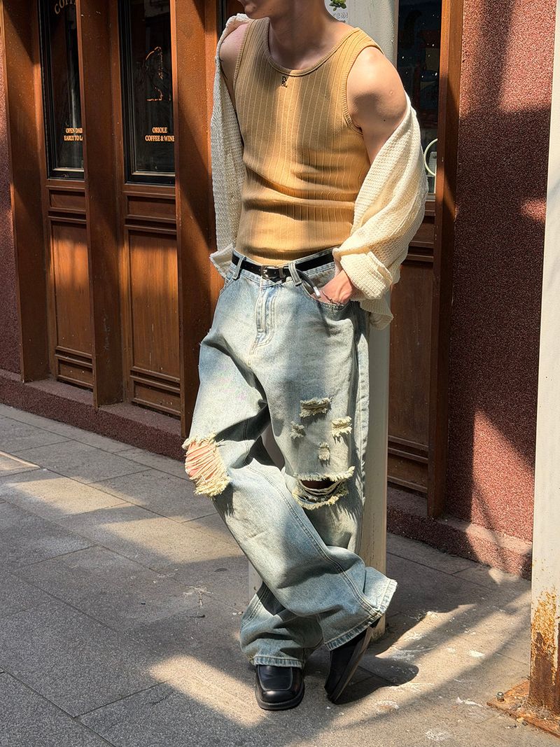 [Unisex] Light blue damage wide denim pants