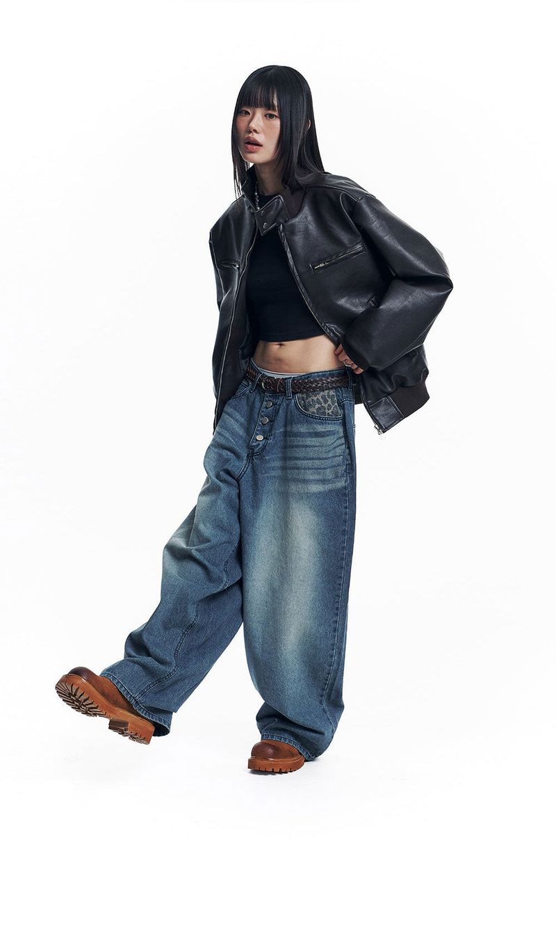 High Neck Leather Crop Jacket - Brown