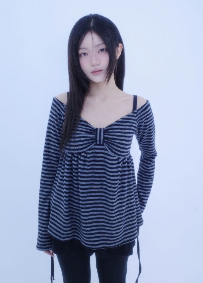 myorang（ミョラン）の「アルイストライプリボンTシャツ（Tops）」