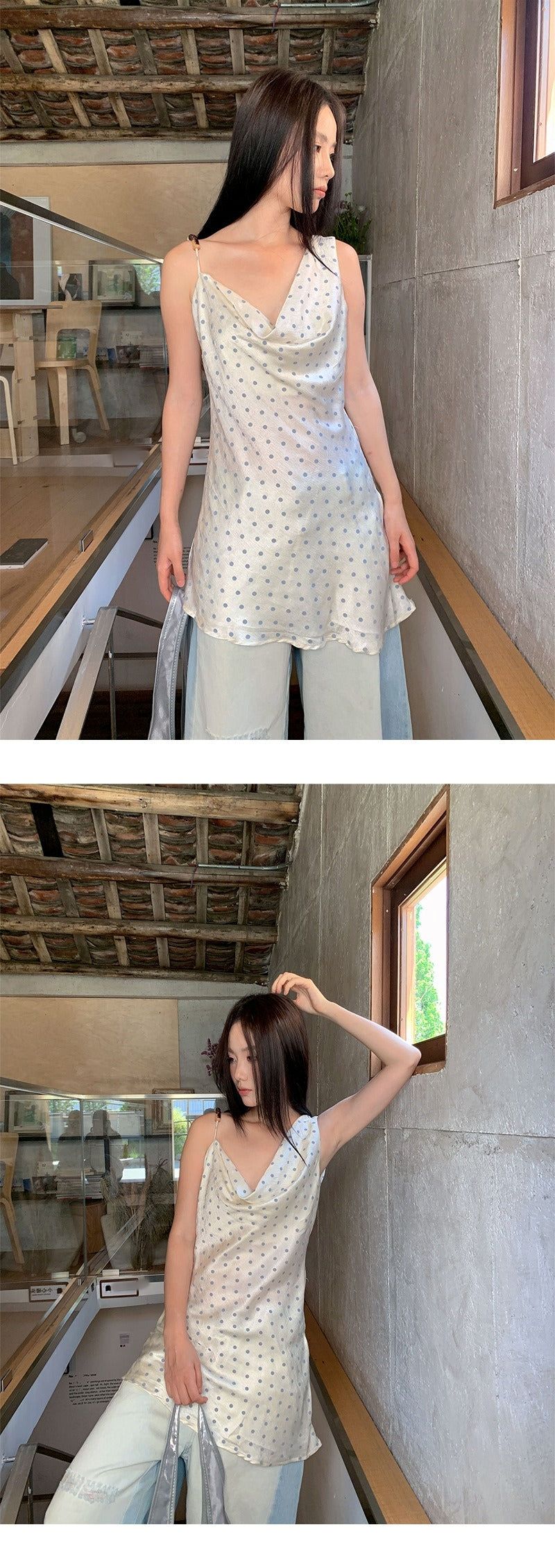 silk dot unbalanced sleeveless blouse top
