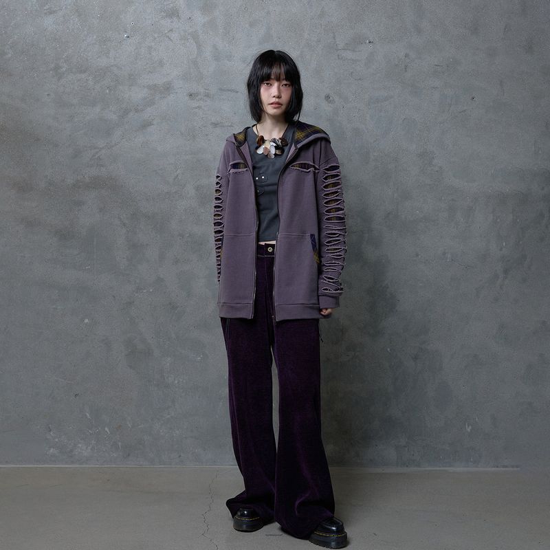 SLASHED CHECK HOODIE: PURPLE