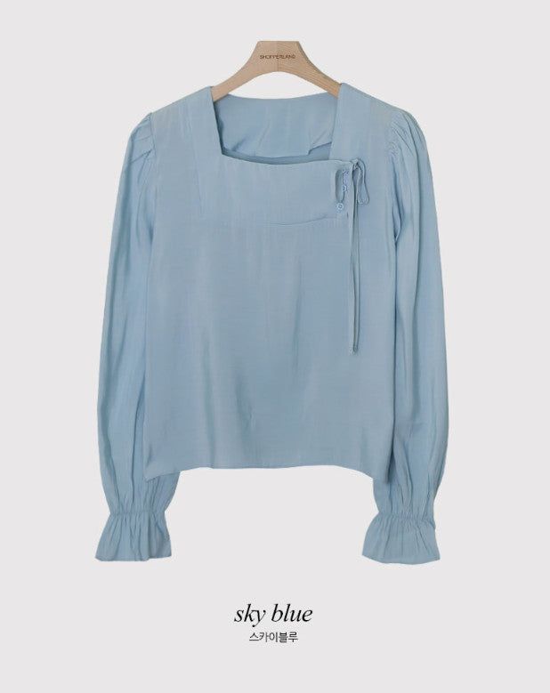 Silky Square Ribbon Frill Blouse (3color)