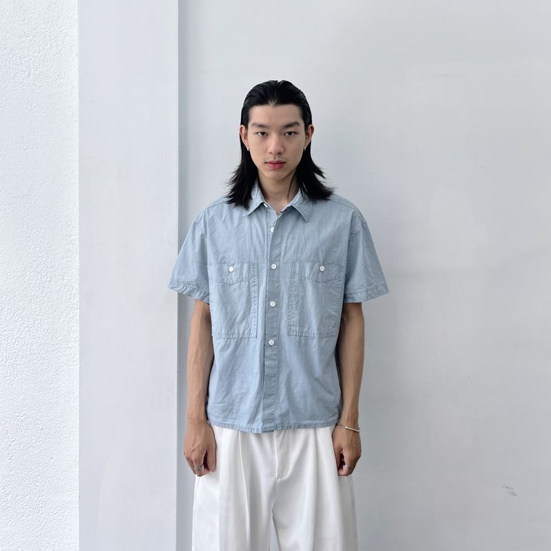 FADE MEET（フェードミート）の「Mist Blue Double-Pocket Shirt（Tops）」