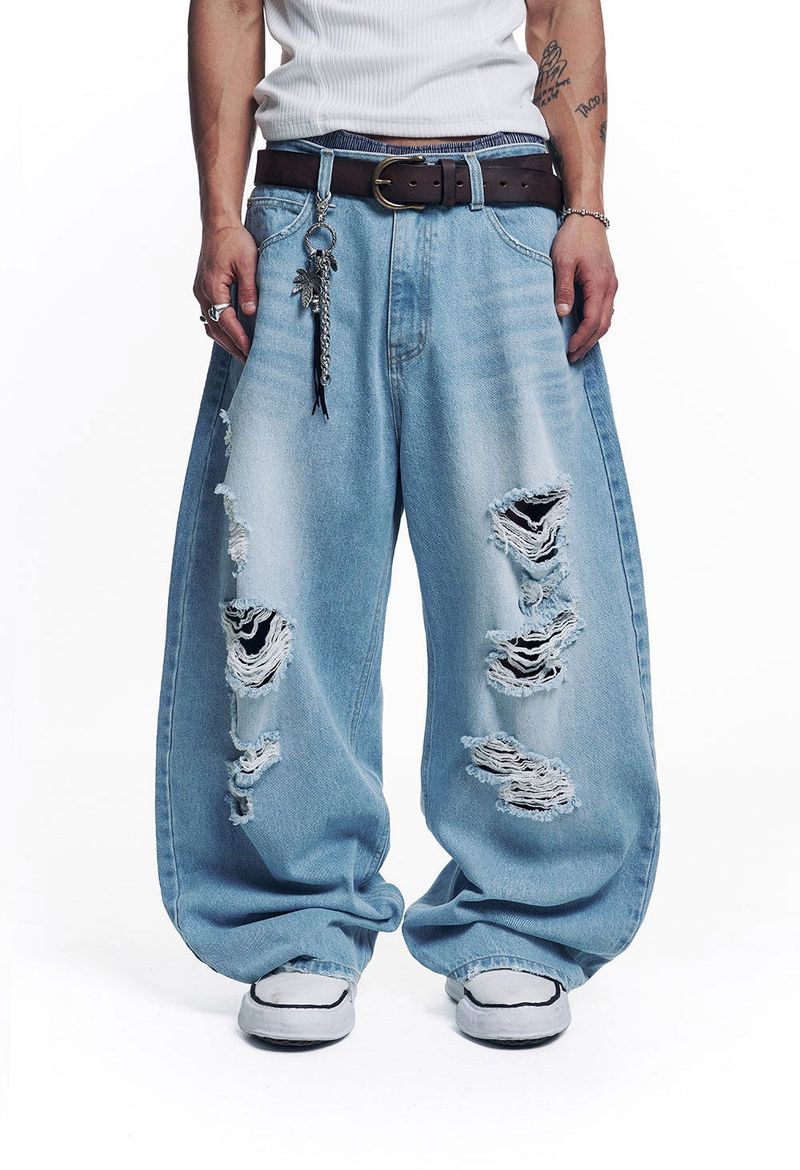 Distressed Curved Denim Pants - Light Blue
