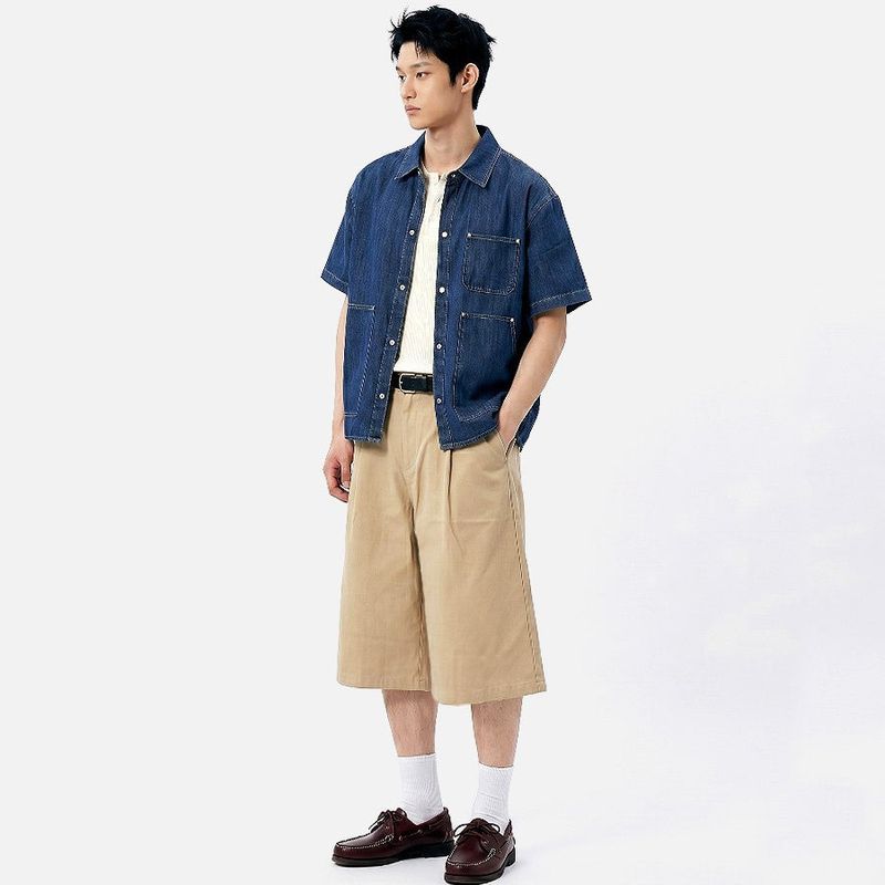 Wide Cotton Pleated Bermuda Shorts Beige