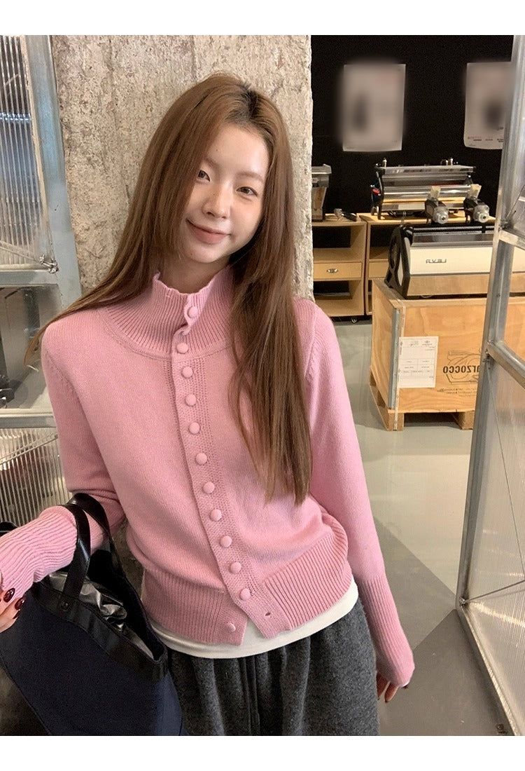 Pink button high-neck knit long-sleeved cardigan