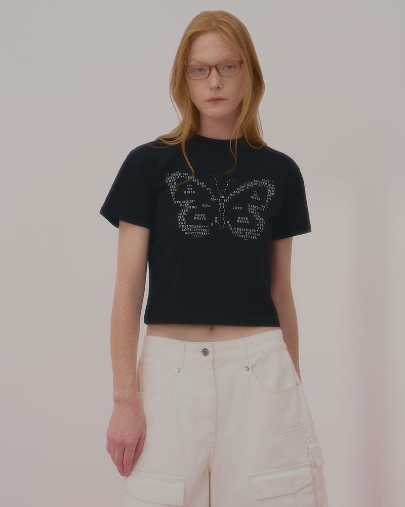 TEXT BUTTERFLY CROP TSHIRT-BLACK