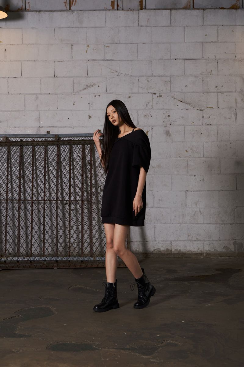 2Way Big Hood Off-Shoulder Mini Dress - Black
