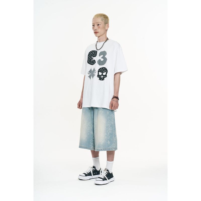 Leopard Bermuda Denim Pants - Light Blue