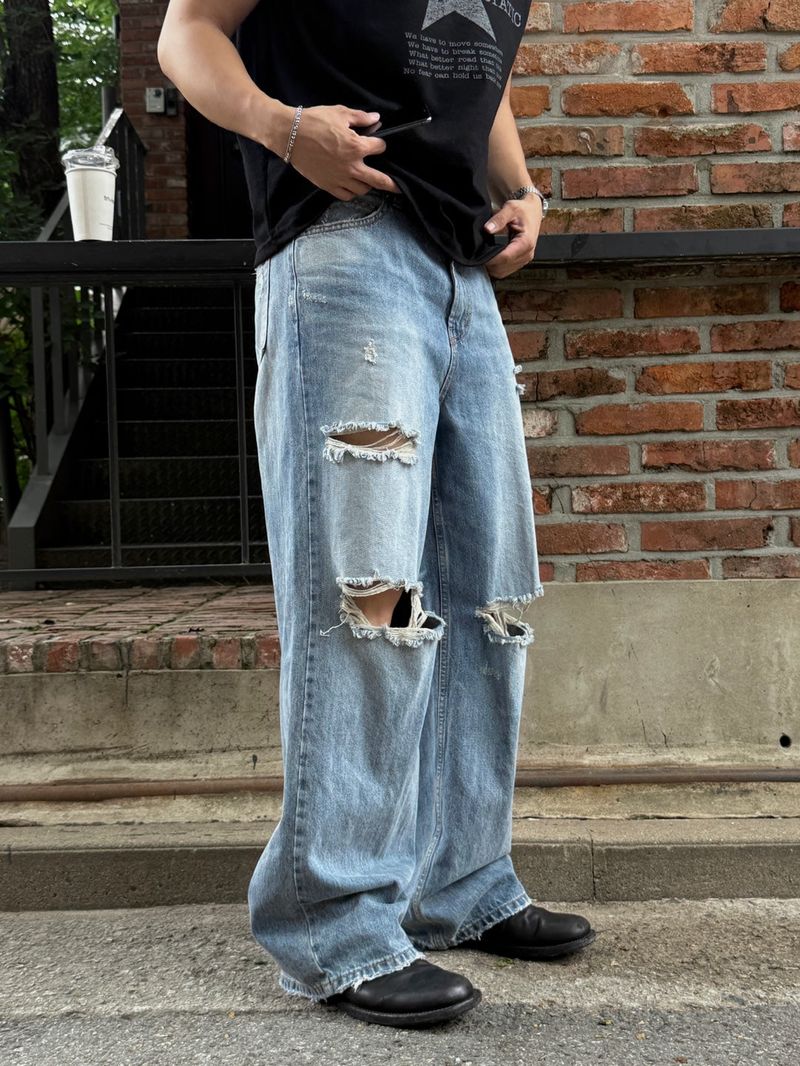 Vintage slab wide snap denim pants