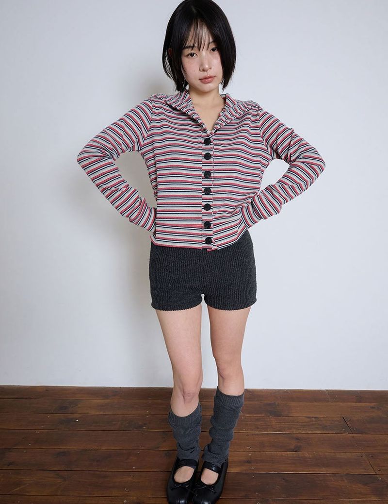 STRIPED HIGH NECK BUTTON CARDIGAN - GRAY