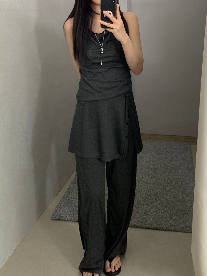 [set] Willow Drape Sleeveless Top &   Elastic-Waist Skirt-Pants Set