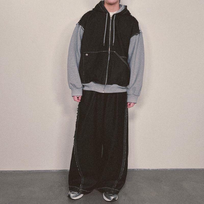 layered deconstructed zip-up hoodie_black