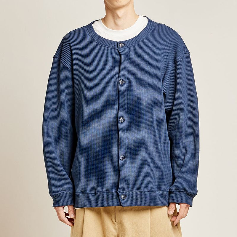 DAMP ROUND-NECK WAFFLE CARDIGAN_NAVY
