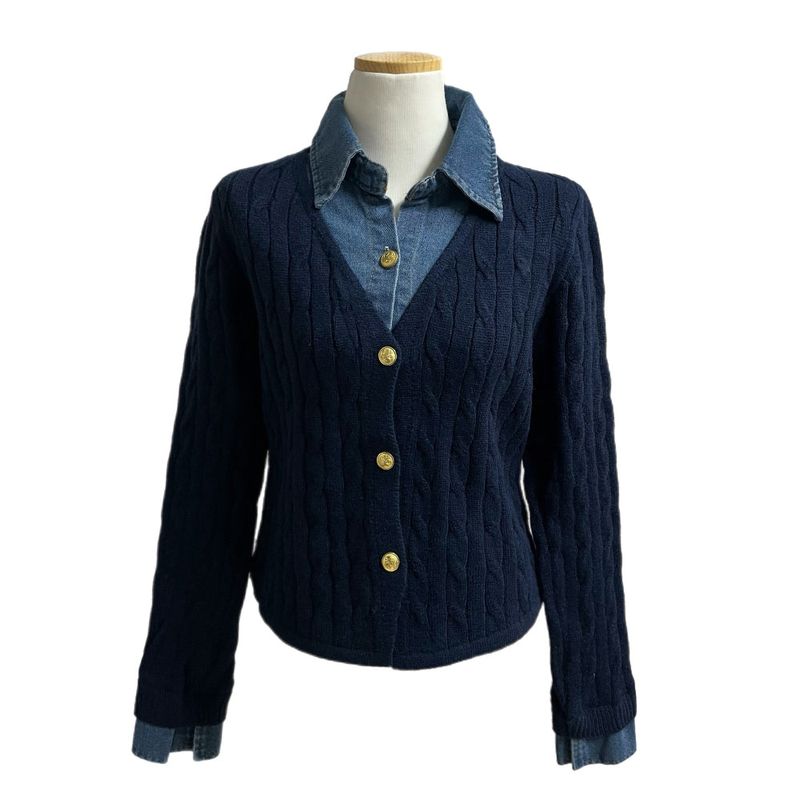 Perry Denim-Layer Cable Knit Long Sleeve Cardigan