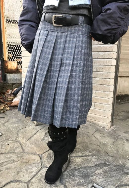 (WOOL) CHECK PLEATS MIDI SKIRT