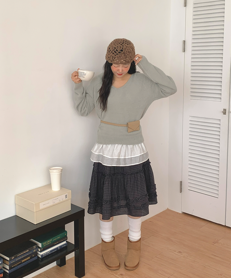 Luen midi checkered skirt Fall layered frill soft fit