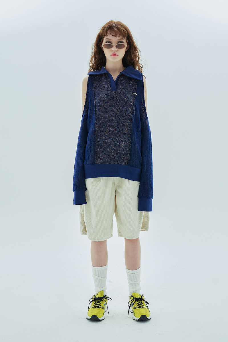 hole collar knit_navy