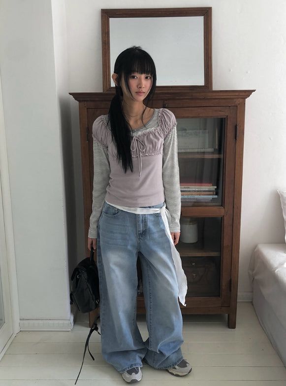 デトシャーリングハートネックレースリボン半袖Tシャツ