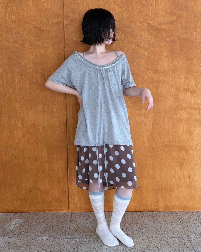 シェル ボタン オープンネック Tシャツ (3colors)