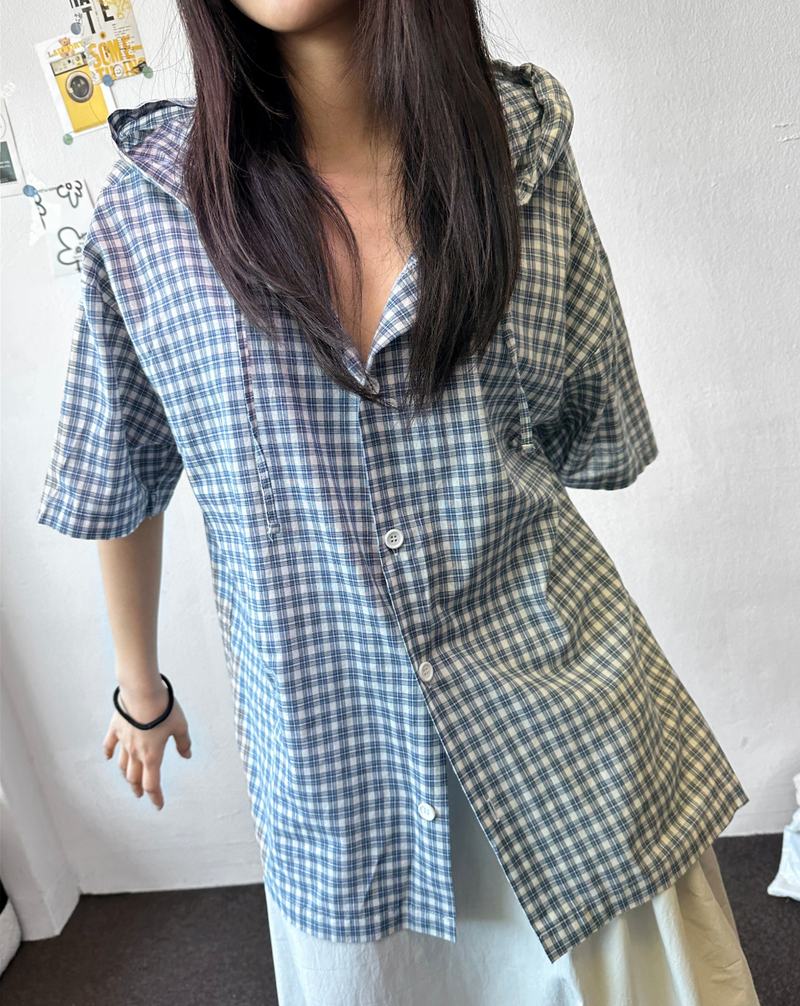 Darling Oversized Hooded Plaid Shirt 2color