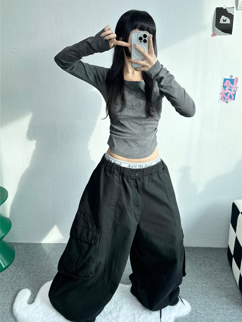STUD SHIRRING TANK LAYERED SLIM LONG SLEEVE🤎🩶 - 2 COLORS