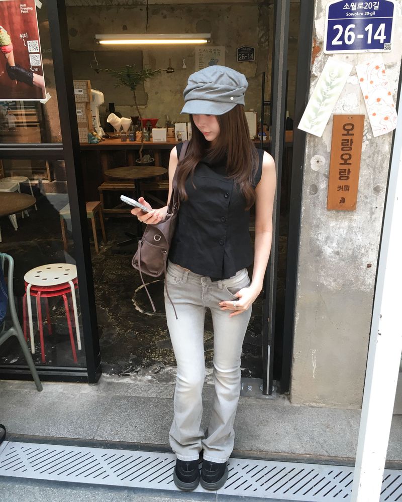 Grey lowrise boots cut pants