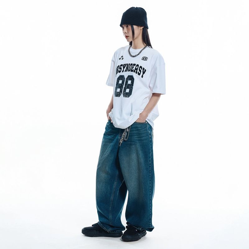 Lettering Wide Denim Pants - DEEP BLUE