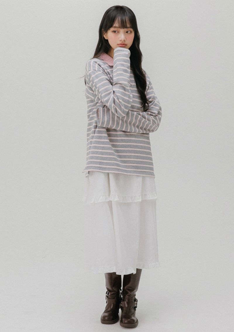 SOFT COLLAR STRIPE T-SHIRT (LIGHT GRAY)