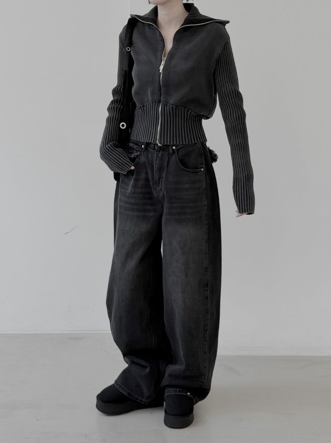 Hard high-neck washed knit zip-up