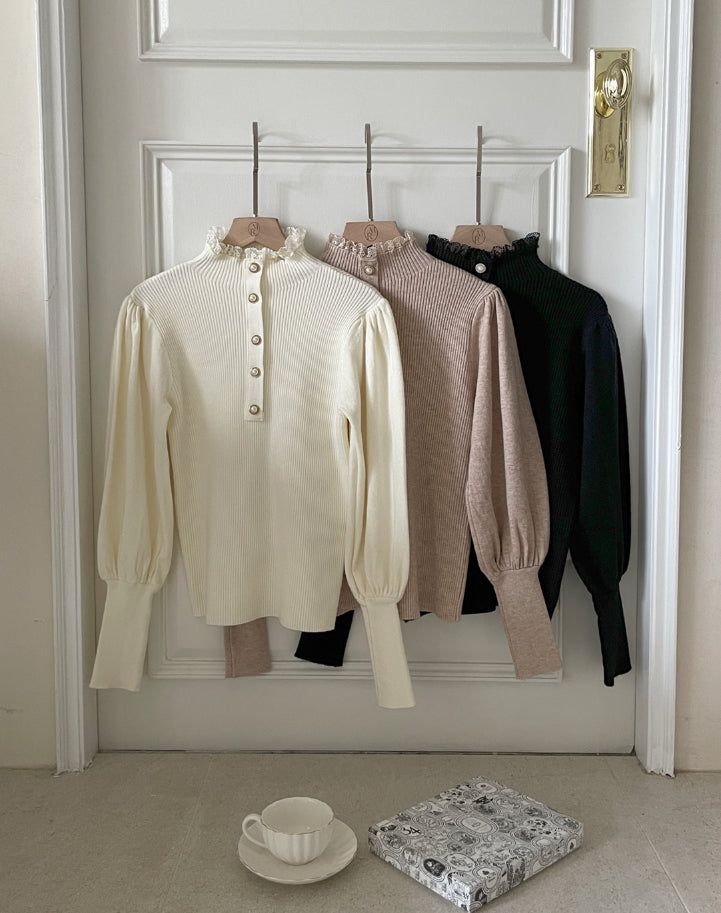 Levin Puff Pearl Button Frill Lace Turtleneck Knit