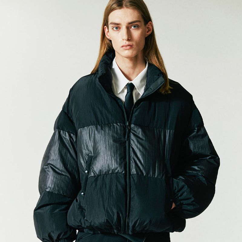 reversible wrinkles nylon high neck puffer