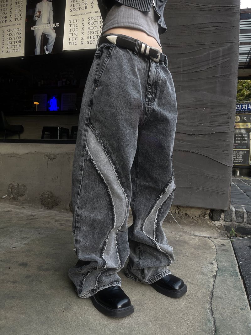 Unique cutting line grunge wide denim pants