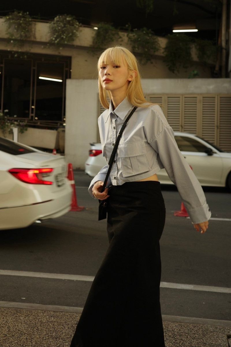 EVIE mia OVERSIZED CROPPED SHIRTS STRIPE BLUE