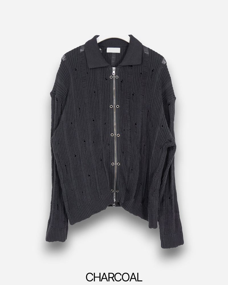 Eyelet Zip-up Knit Cardigan