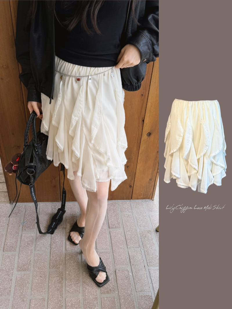 dereborujo（ドレボルゾー）の「Lily Chiffon Lace Midi Skirt（Skirts）」