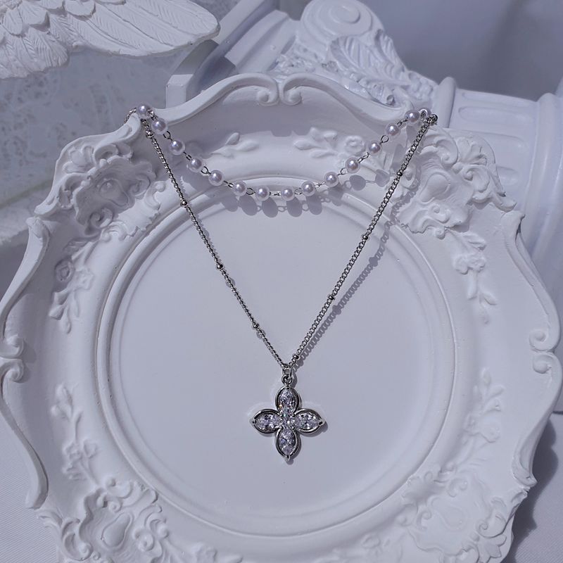[NMIXX ジウ Necklace] ルナ ブロッサム レイヤード ネックレス - Silver color