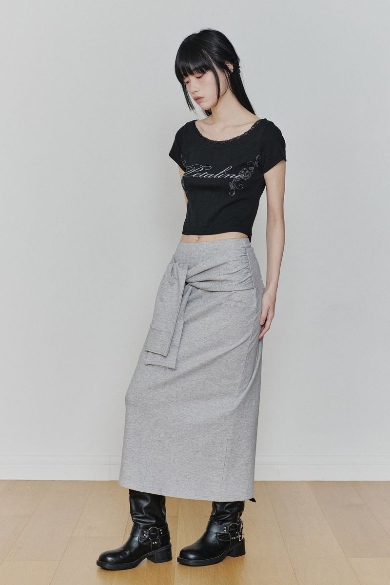 TIED LONG SKIRT melange grey