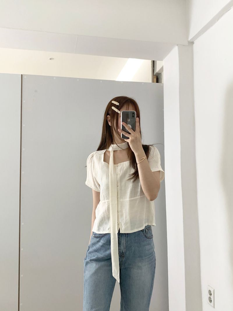 Blian Puff Short Sleeve Blouse Scarf Tie Set