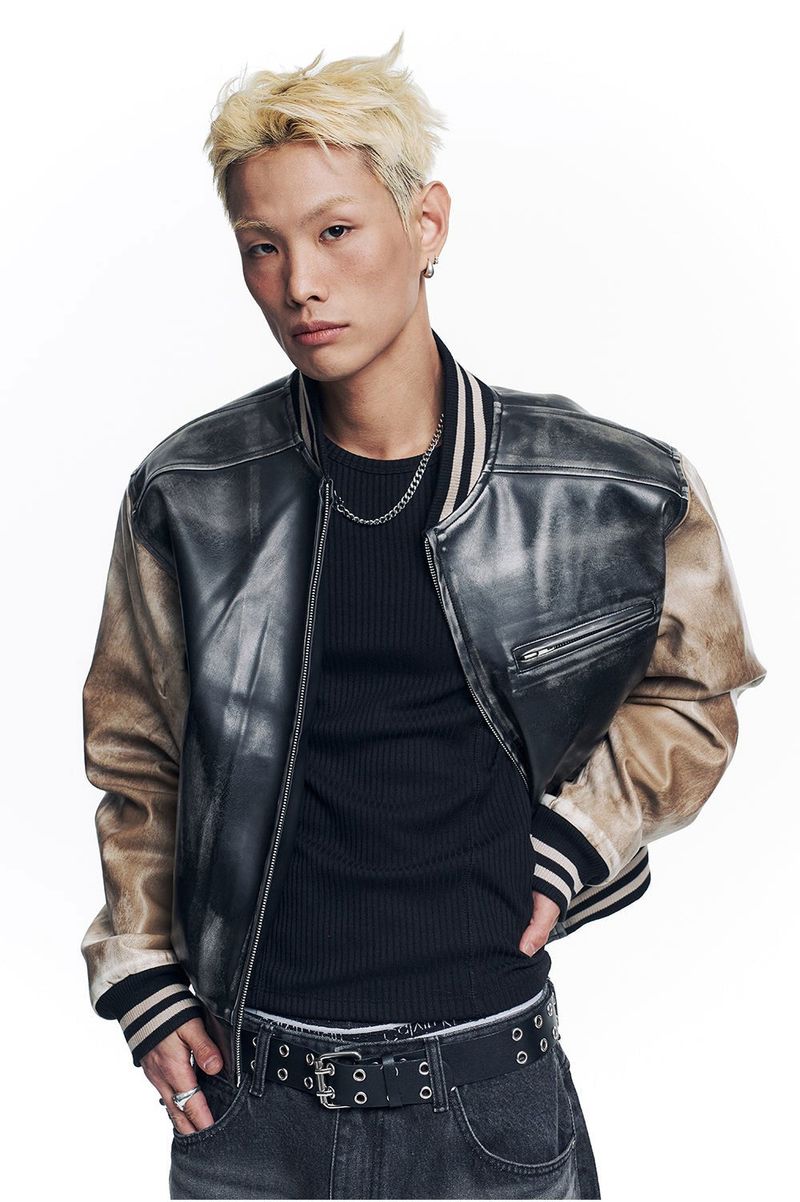 Dirty Washed Leather Varsity Jacket - Black