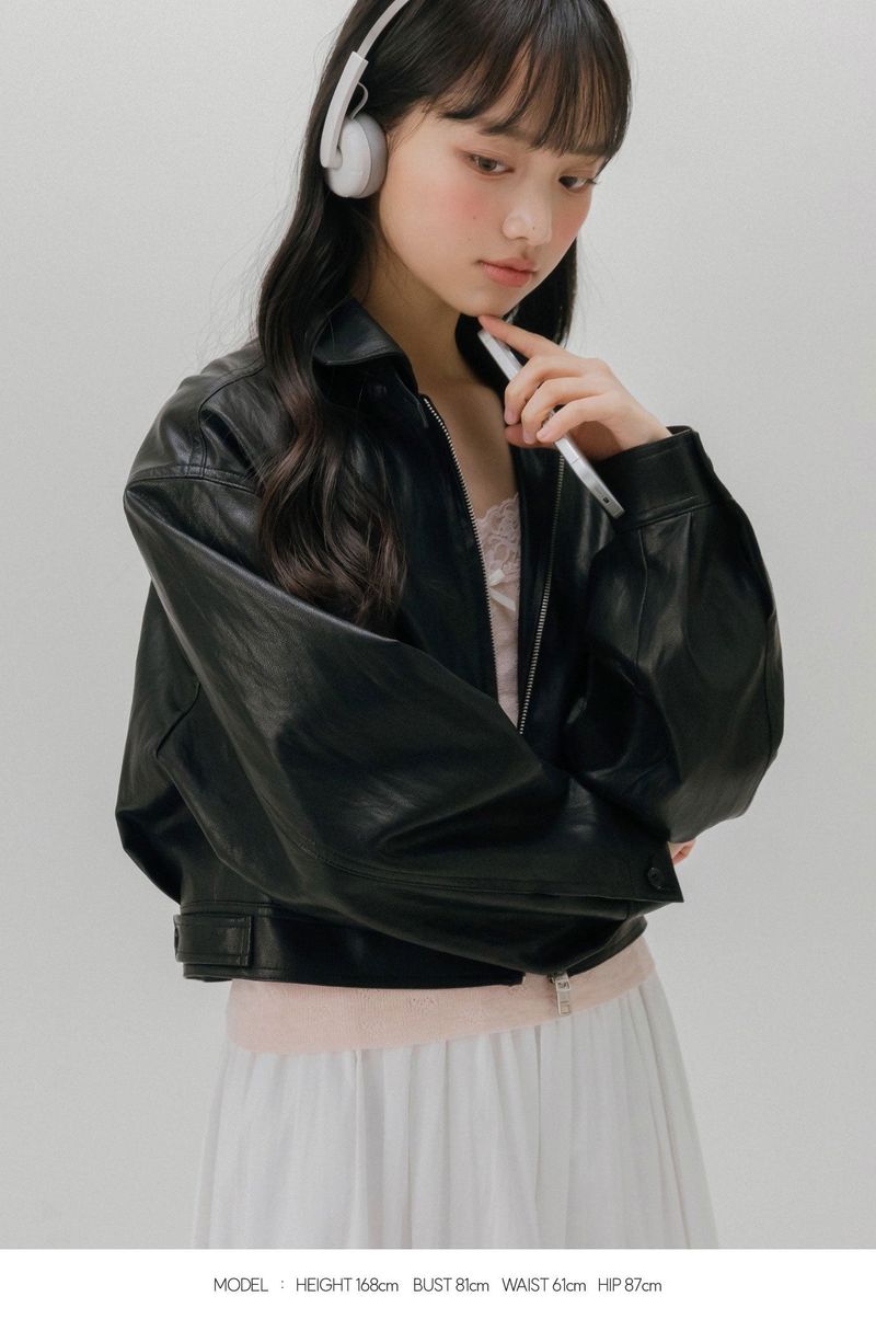 CROP LEATHER[FAUX] JACKET (BLACK)