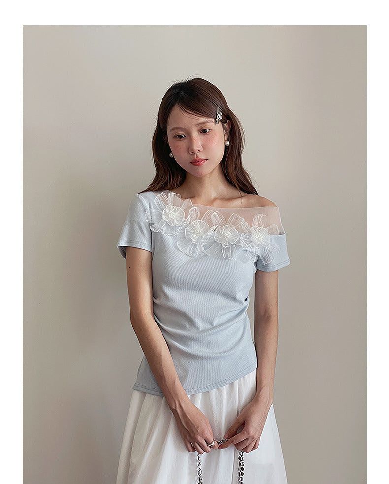 Asymmetrical Lace Trim Off-Shoulder Tee