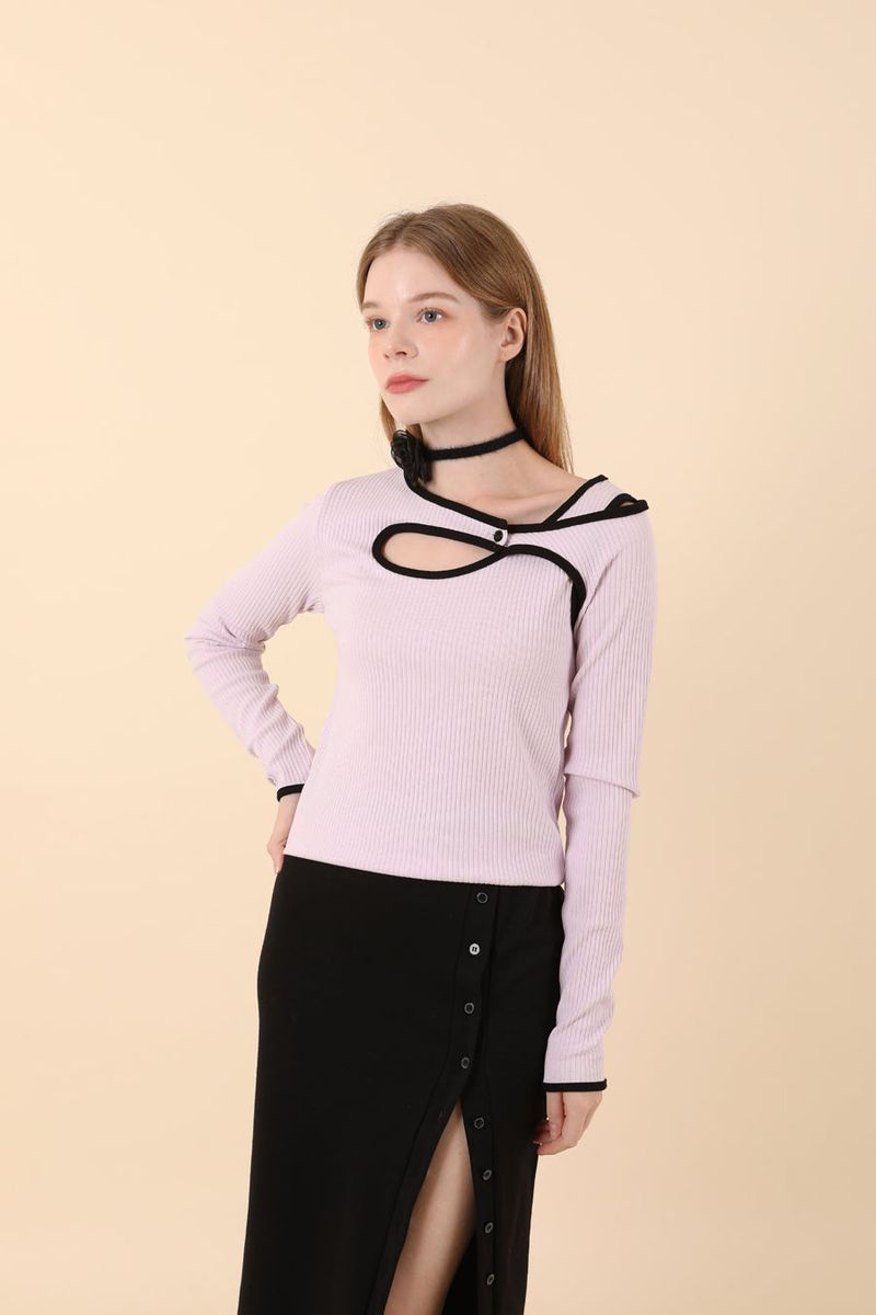 Line Contrast Slim T-shirt Purple