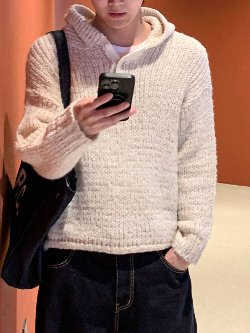 Bow henley neck hood knit