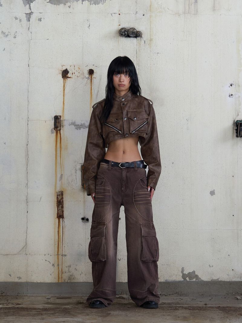 Leather Crop Cargo Jacket (Brown)