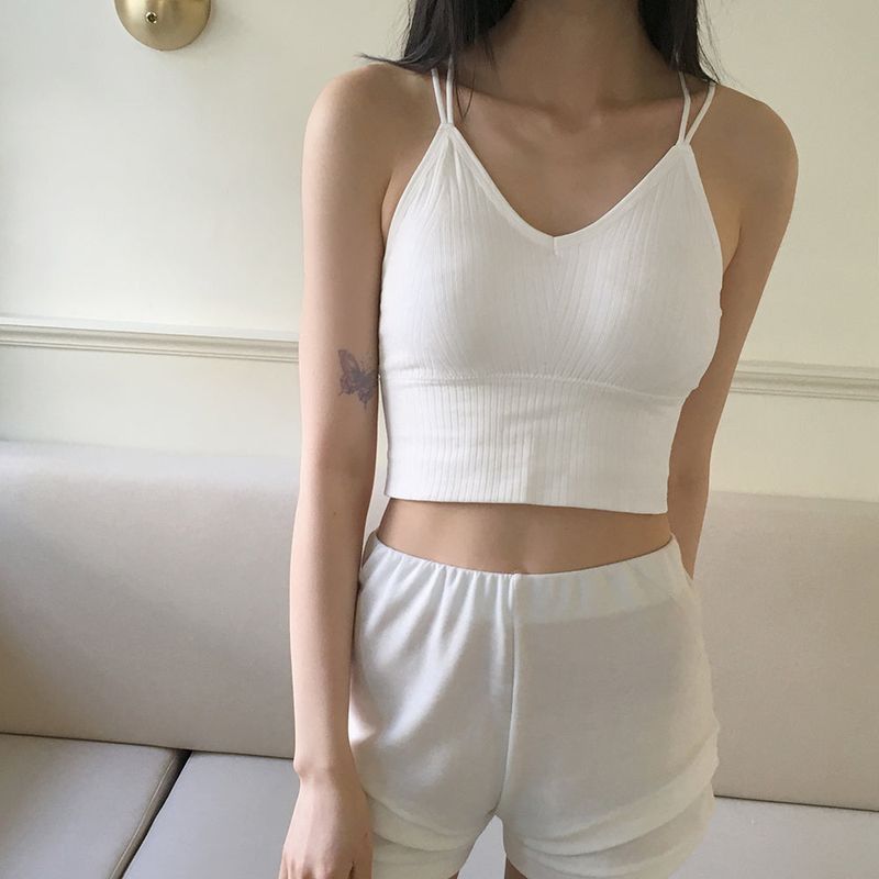 [Cap built-in] Hiret two-line back strap point ribbed string tank top sleeveless