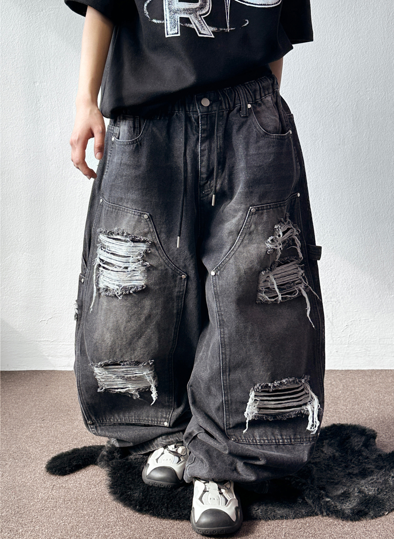 Coco Distressed Fringe Carpenter Denim Pants 2color